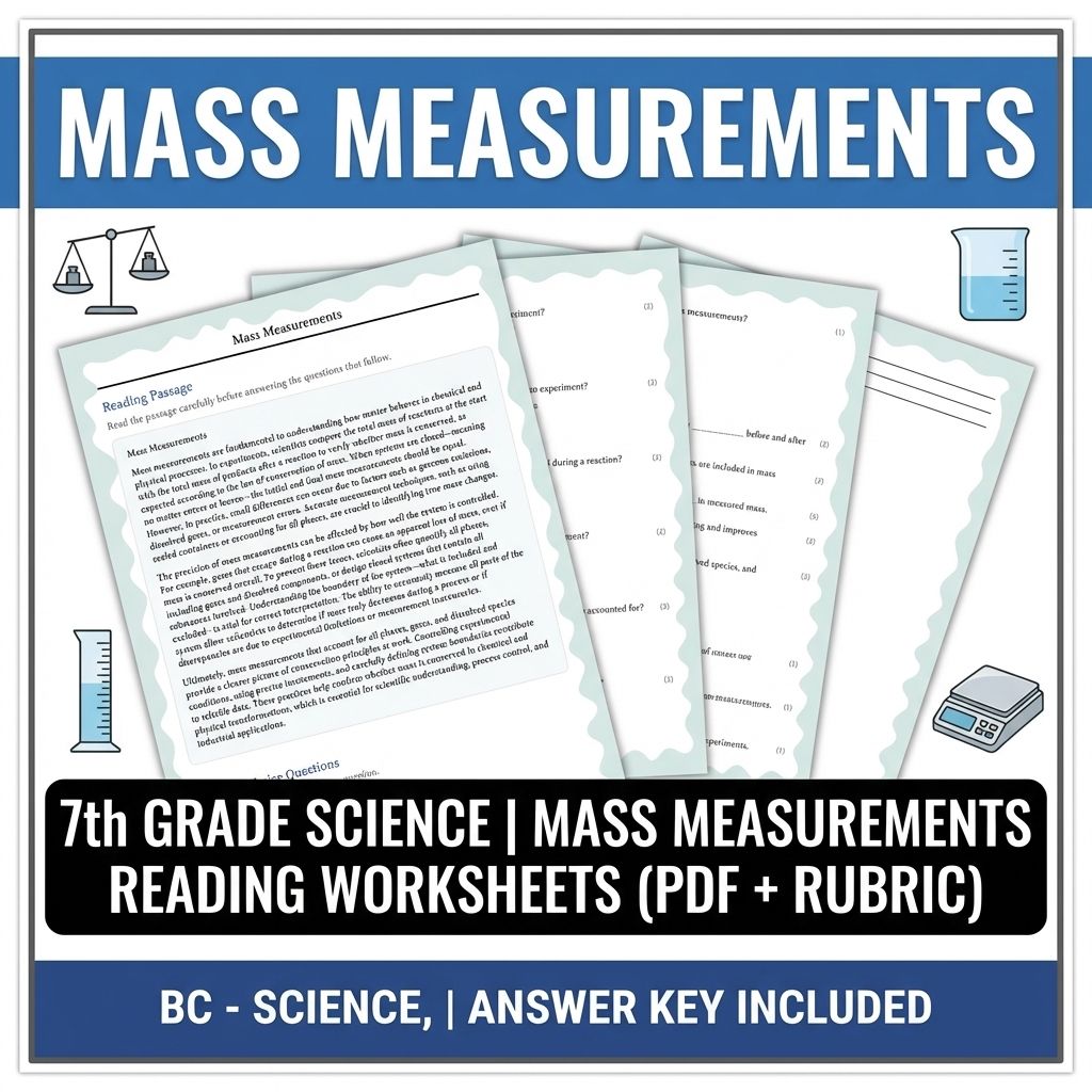 7th Grade Science | Mass Measurements Reading Worksheets (PDF + Rubric)