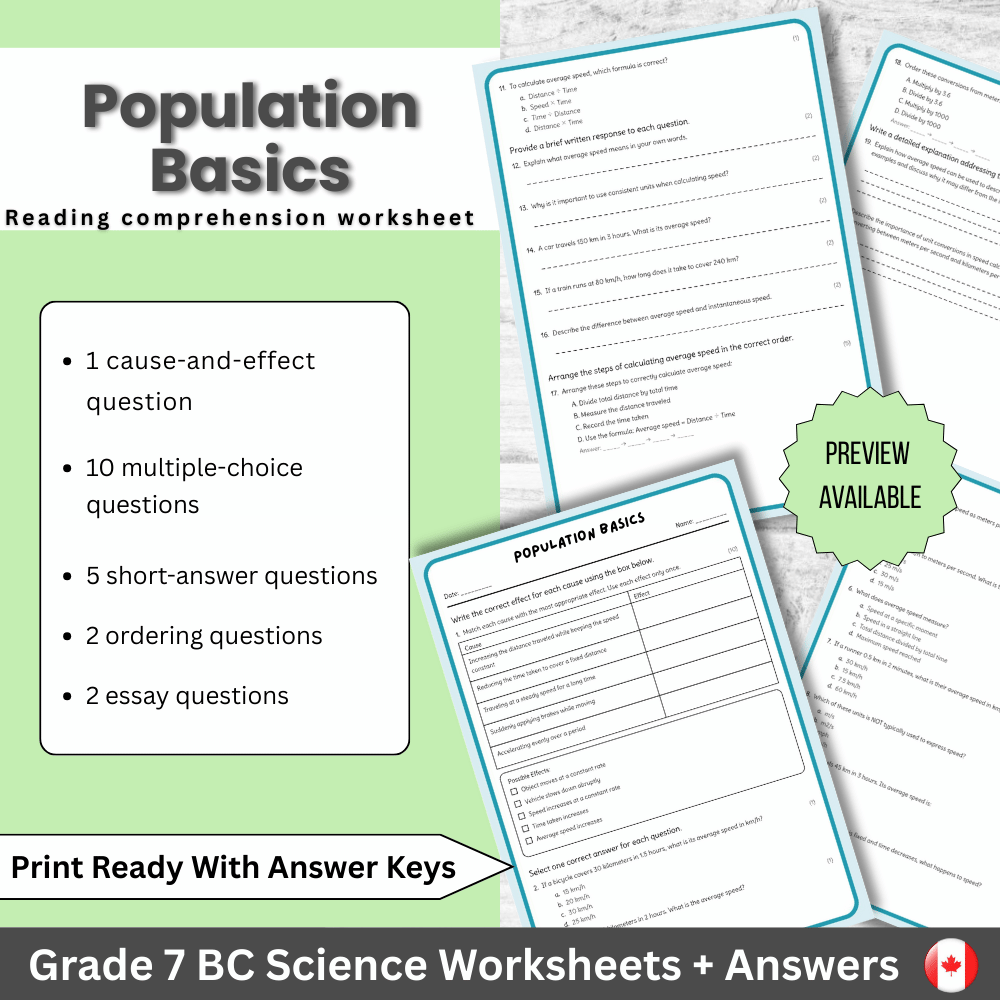 Grade 7 Science | Population Basics Worksheet + Answer Key (PDF) - BC Framework