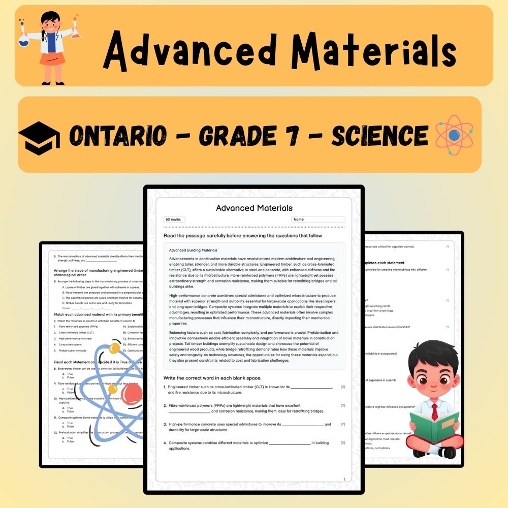 Grade 7 Science worksheet worksheet — 7th Grade Science | Advanced Materials Worksheet (PDF) – Ontario Standards — page 1