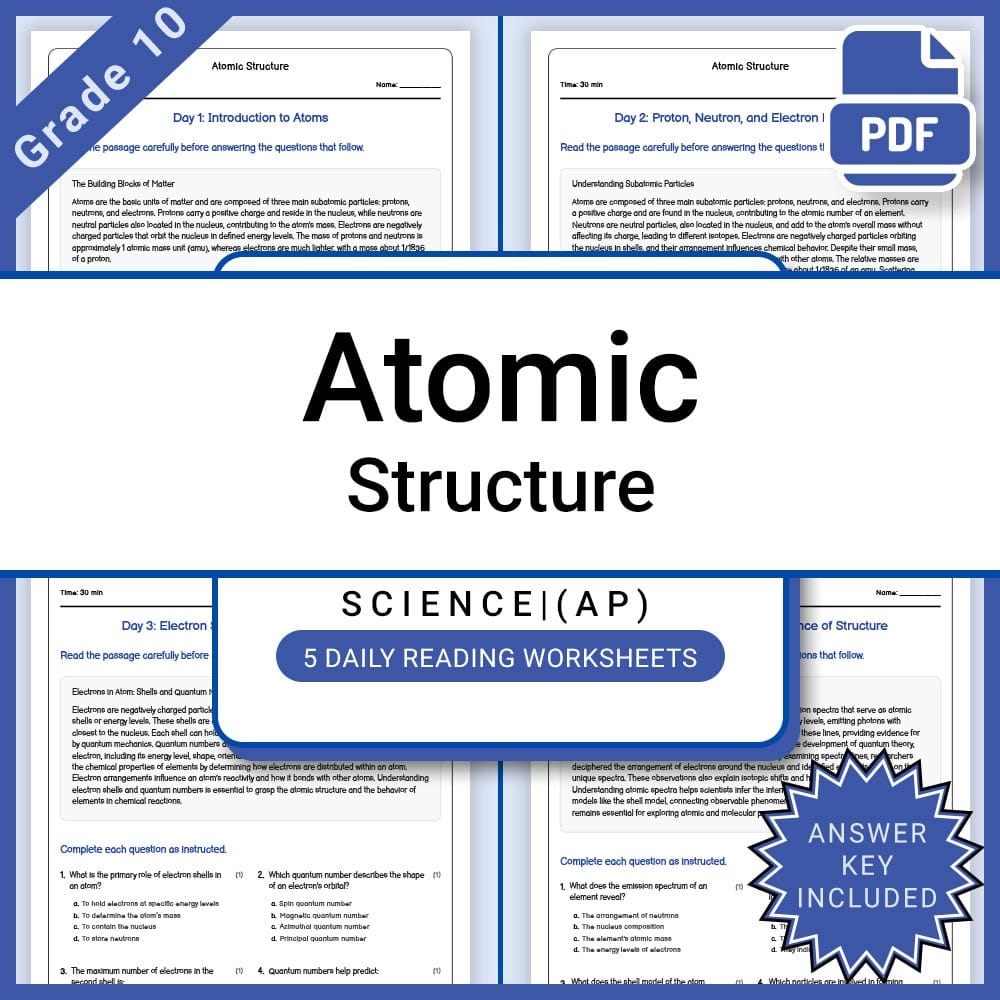 Grade 10 Science daily reading worksheet worksheet — Grade 10 Science – Atomic Structure Daily Reading Worksheet + Answer…