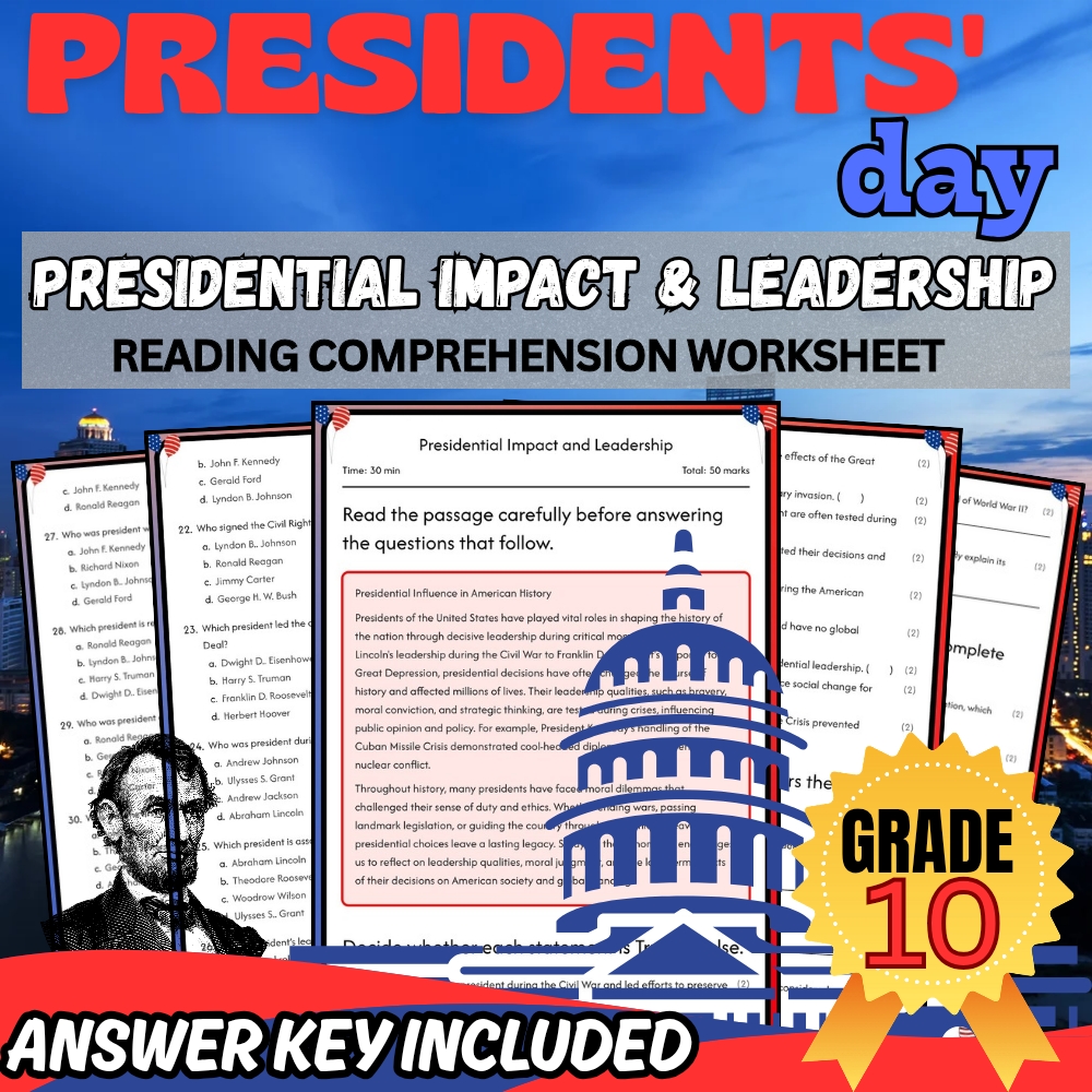 Grade 10 Presidents' Day Unit Bundle|Leadership & Founding Principles Worksheets — included worksheet 4
