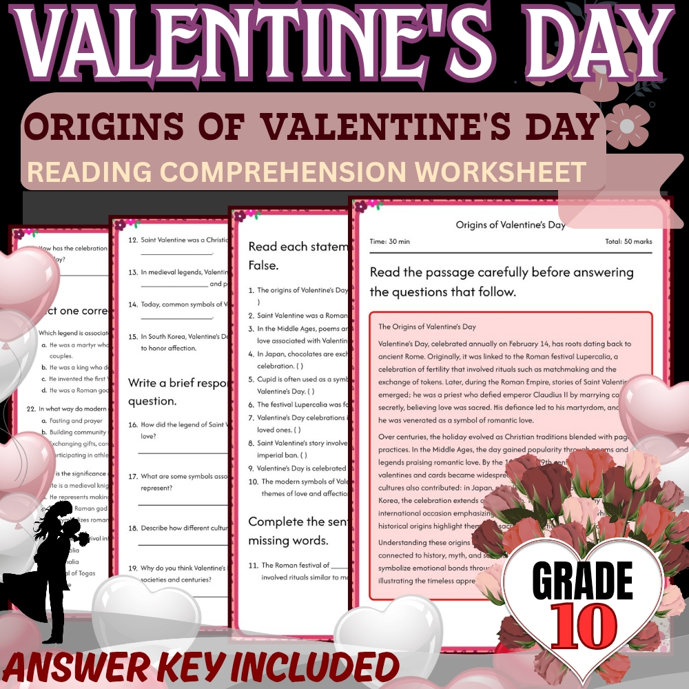 Grade 10 Holiday Unit | Valentine’s Day Worksheets  (Answer Keys Included) — included worksheet 4
