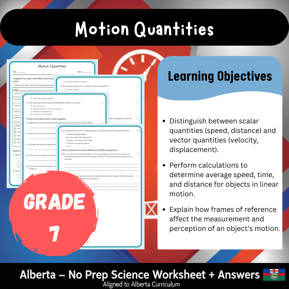 Grade 7 Science – Motion Quantities Worksheet (PDF) – Alberta Standards
