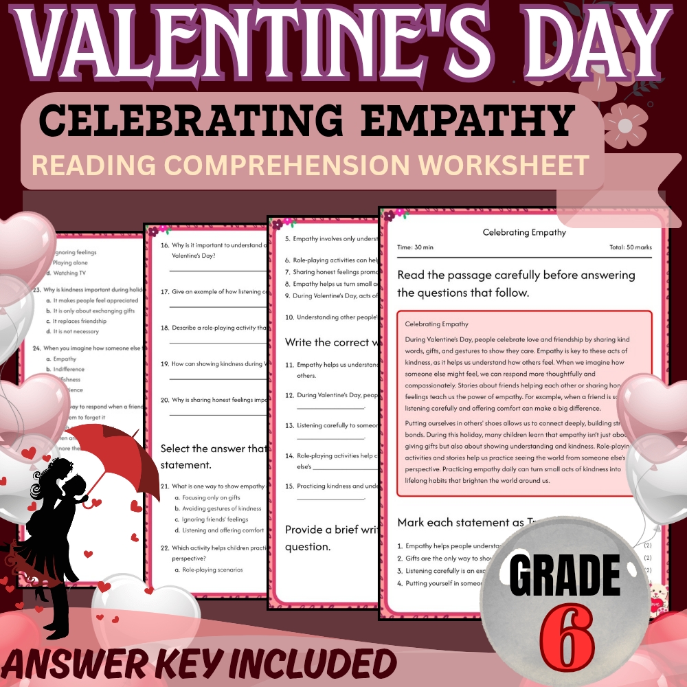 Grade 6 Holiday Valentine Day Worksheet for Mastering Empathy | PDF + Answer Key