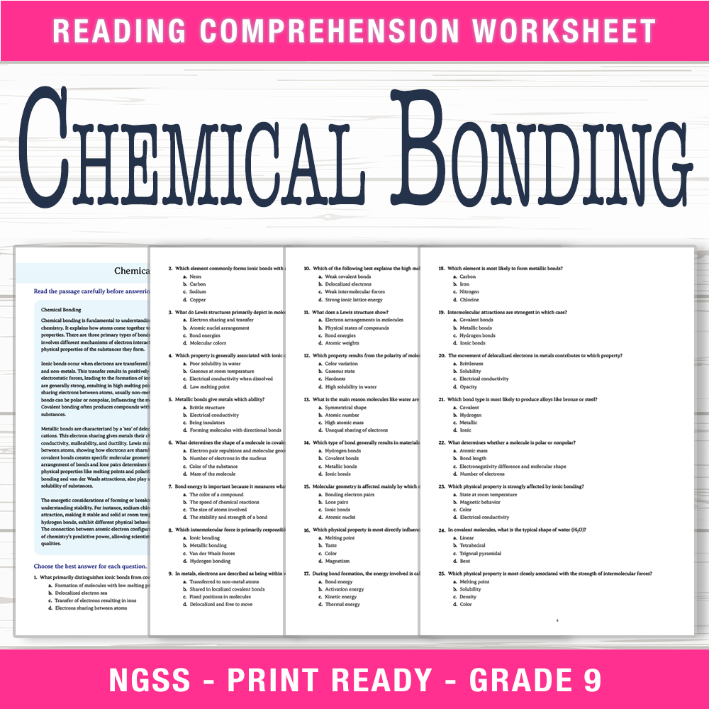 Grade 9 Science worksheet worksheet — Grade 9 Science – Chemical Bonding Worksheet (PDF + Answer Key) — page 1