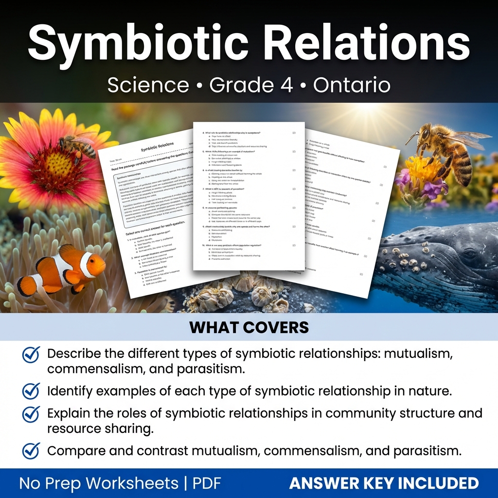 Grade 4 Science Worksheet on Symbiotic Relations | Ontario Standards