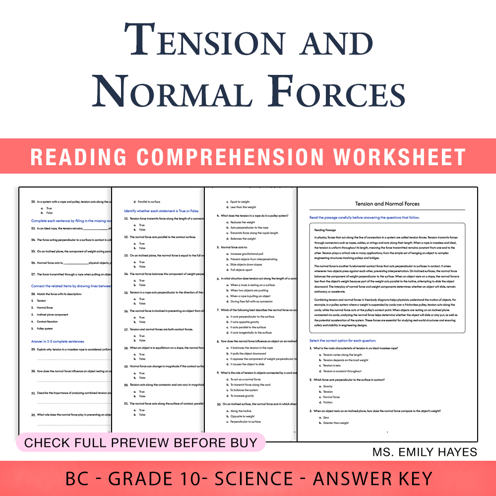 Grade 10 Science worksheet worksheet — Grade 10 Science | Tension and Normal Forces Worksheet (PDF + Answer Key) — page 1