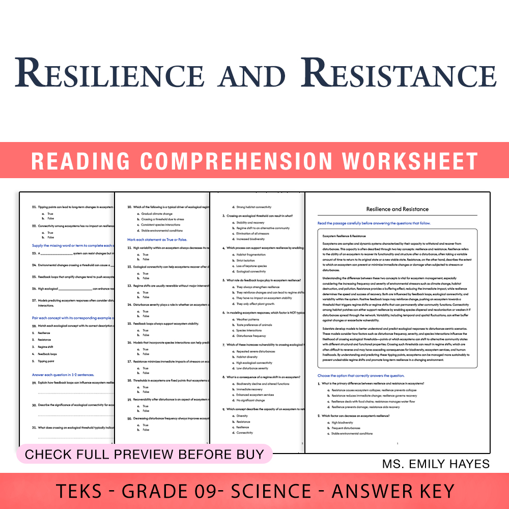 Grade 9 Science worksheet worksheet — 9th Grade Science | Resilience and Resistance Worksheet (PDF+ Answer Key) — page 1