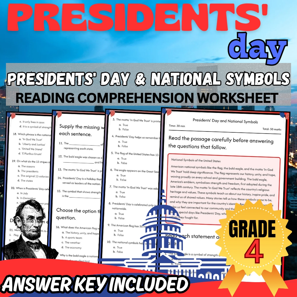 Grade 4 Holiday Presidents' Day Worksheet for Mastering Symbols|PDF + Answer Key