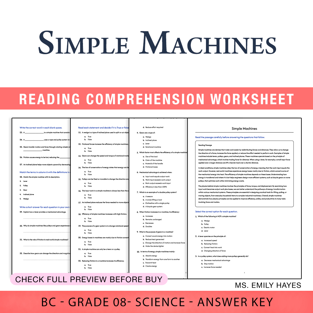 Grade 8 Science worksheet worksheet — Grade 8 Science | Simple Machines Worksheet (PDF+ Answer Key) — page 1
