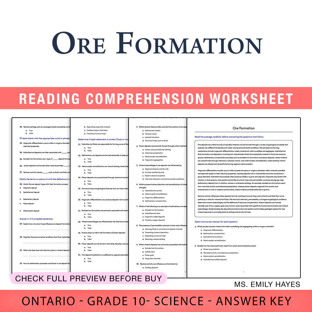 Grade 10 Science worksheet worksheet — Grade 10 Science | Ore Formation Worksheet (PDF + Answer Key) — page 1
