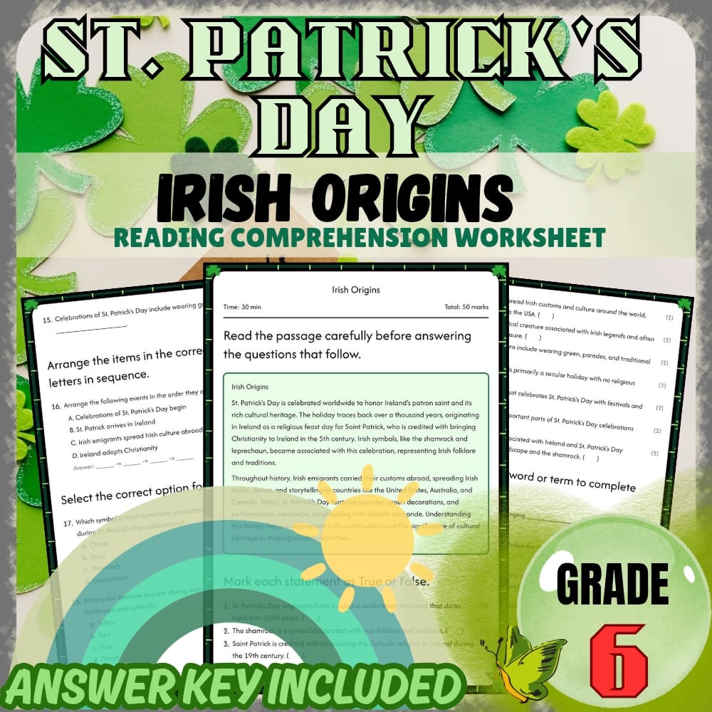 Grade 6 Holiday Worksheets Bundle | St. Patrick's Day Cultural & Traditions — included worksheet 5