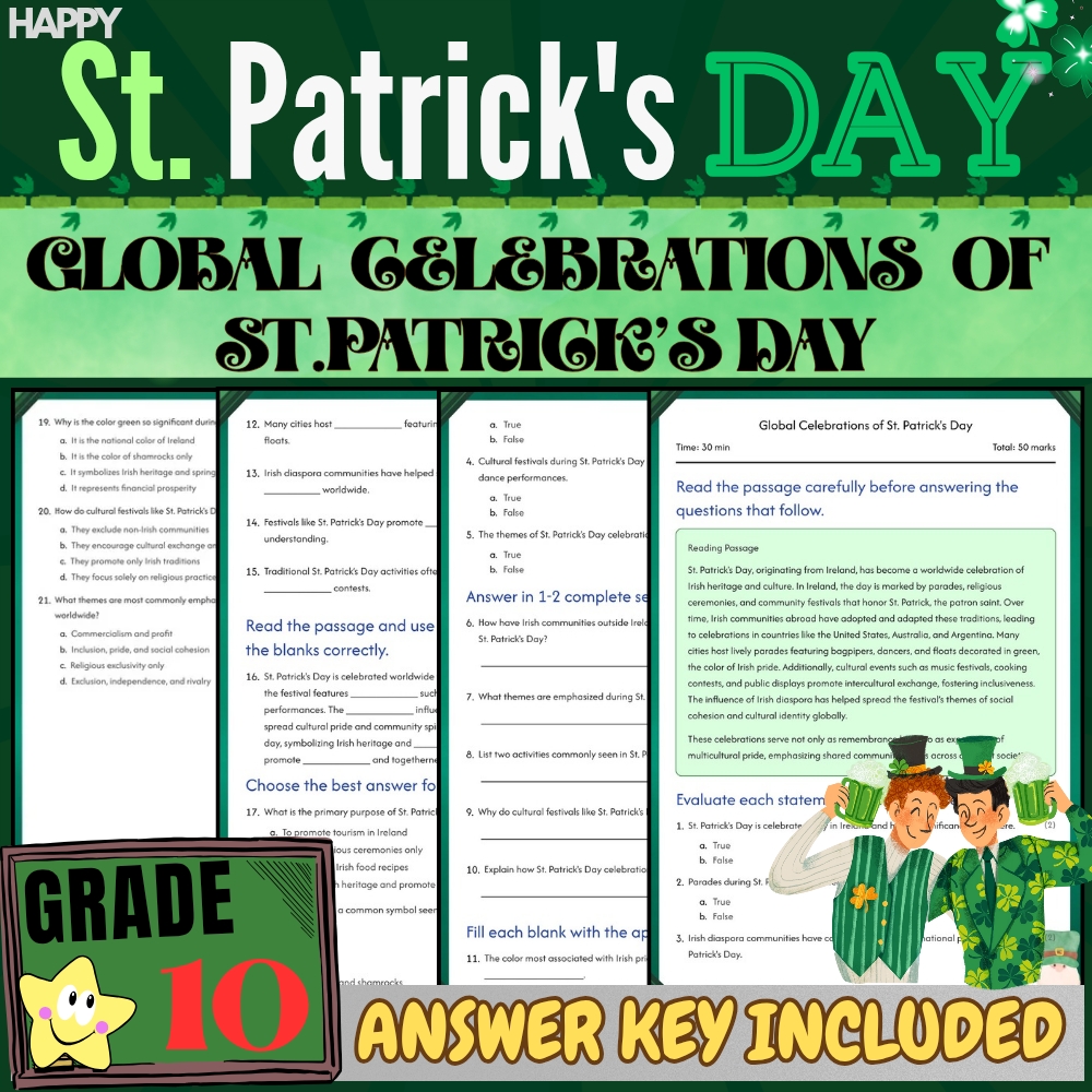 Grade 10  –St. Patrick's Day Celebrations Worksheet for Mastery|PDF+Answer Key