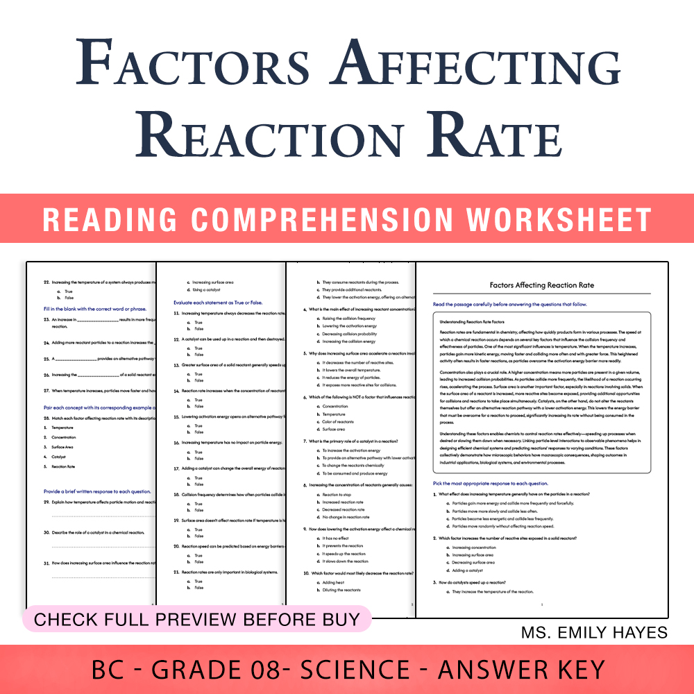 Grade 8 Science worksheet worksheet — 8th Grade Science | Factors Affecting Reaction Rate Worksheet (PDF+ Answer Key) — pa…