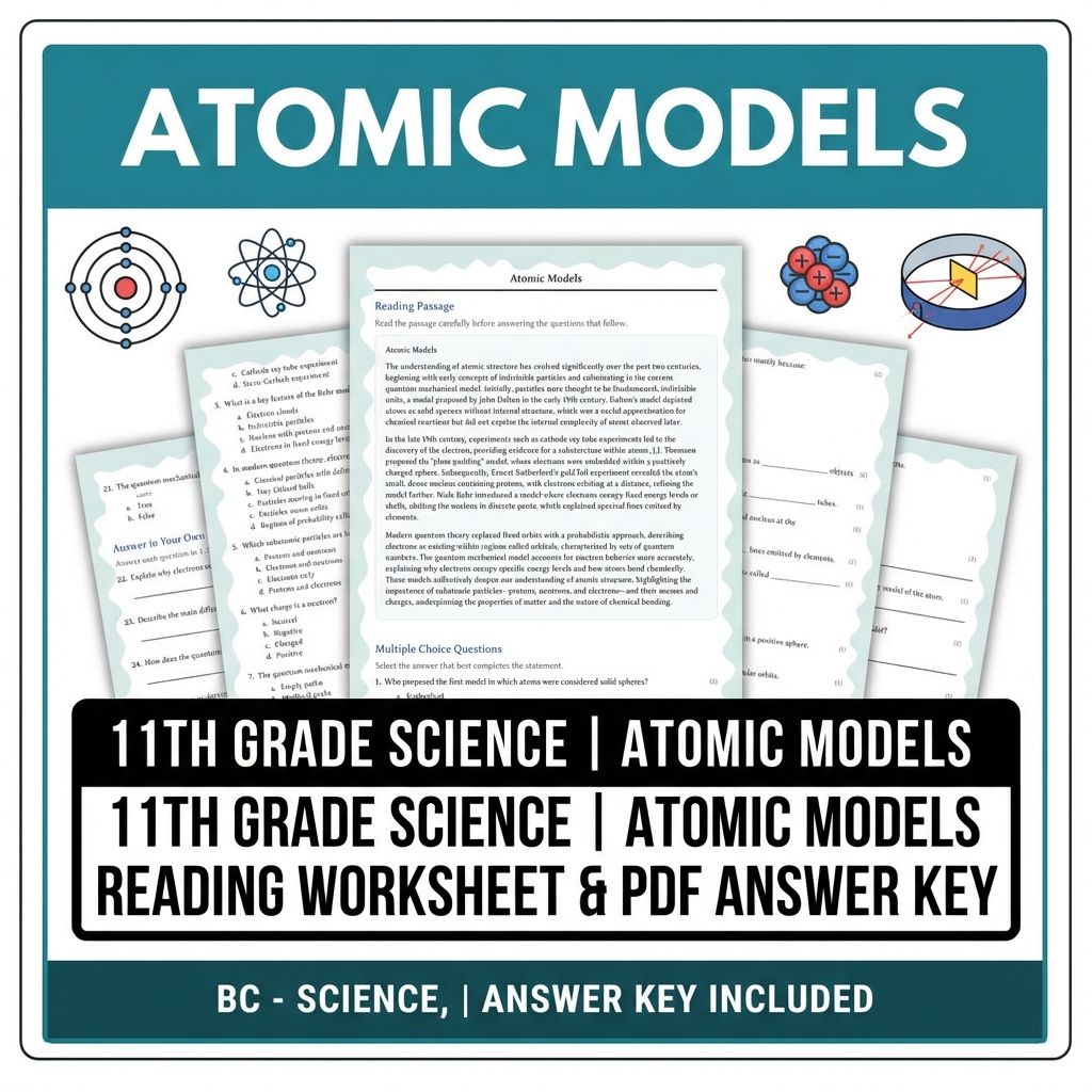 11th Grade Science | Atomic Models Reading Worksheet & PDF Answer Key