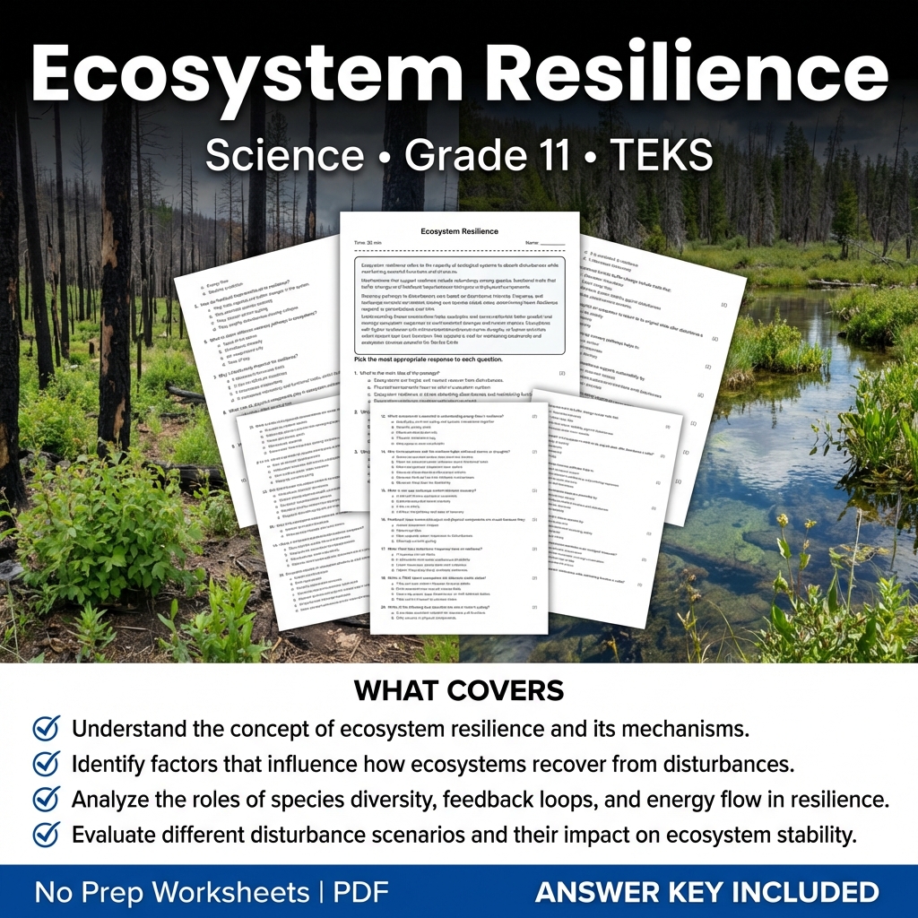 Ecosystem Resilience Worksheet for Grade 11 Science TEKS Standards
