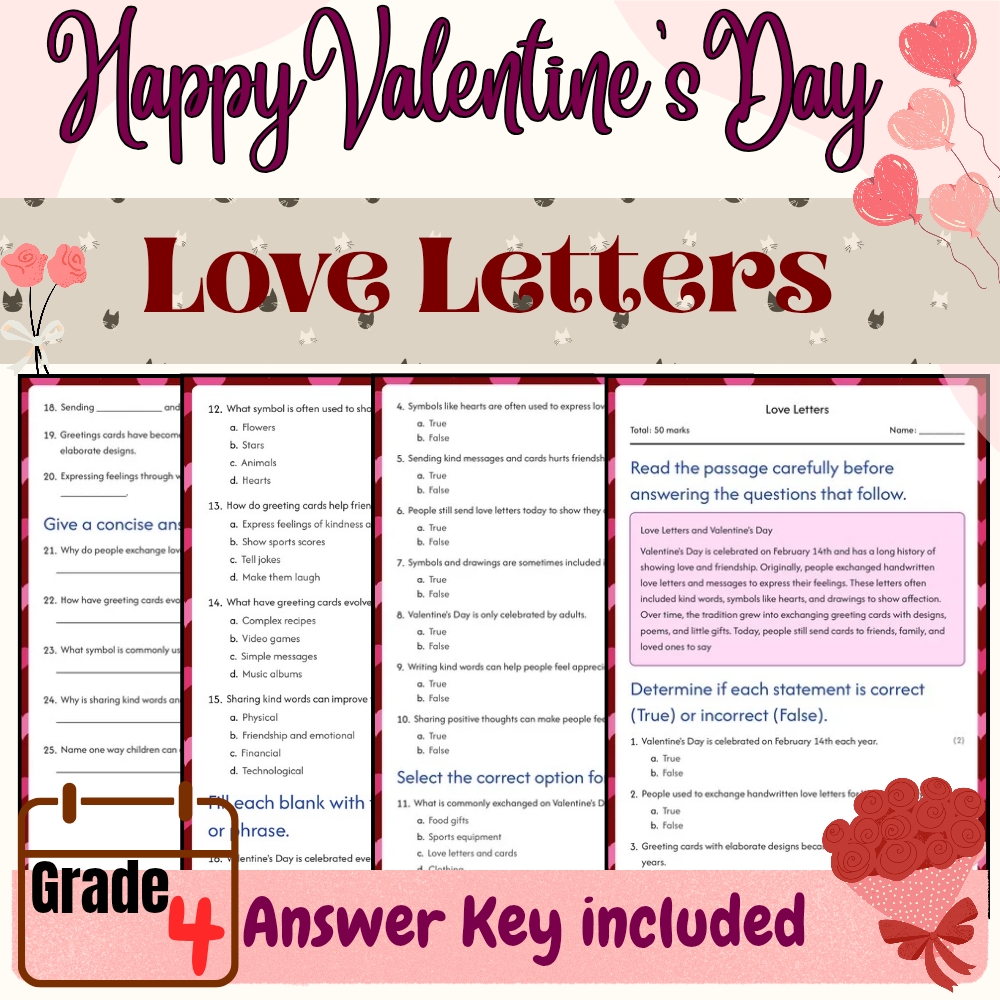 Grade 4 Seasonal Valentine’s Day Unit | Love & Kindness Worksheets & Activities — included worksheet 3