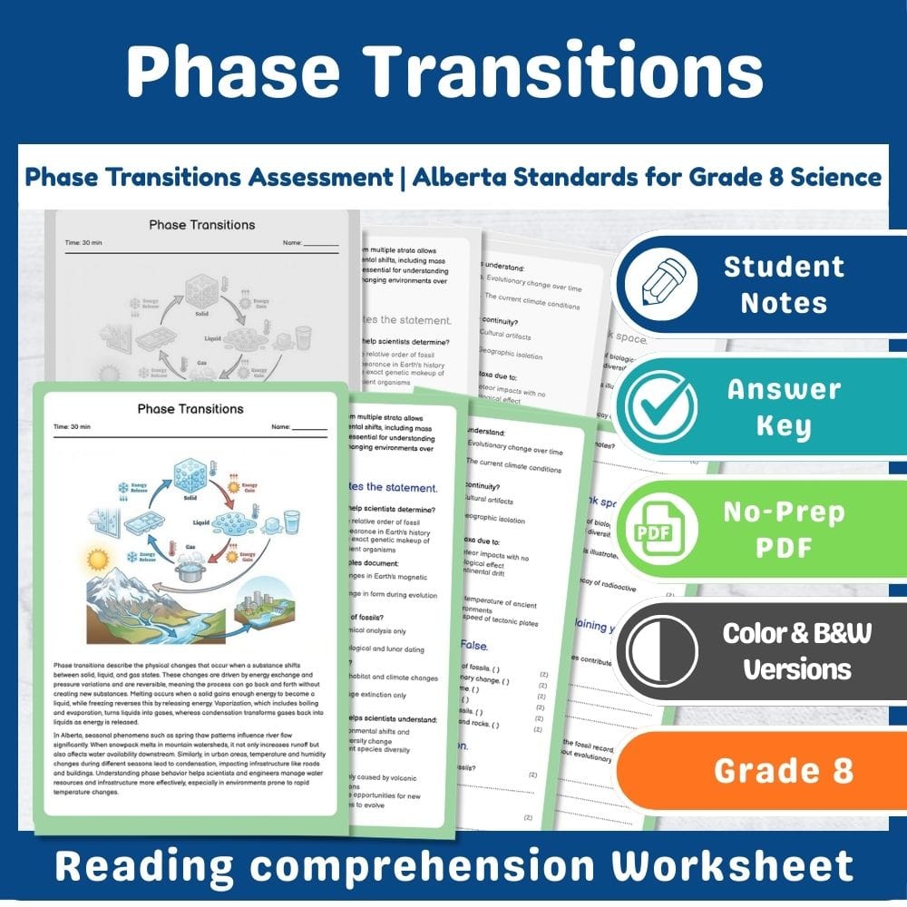 Grade 8 Science assessment worksheet — Phase Transitions Assessment | Alberta Standards for Grade 8 Science — page 1