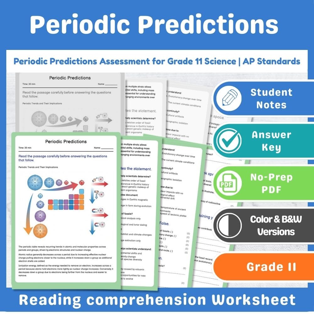 Grade 11 Science assessment worksheet — Periodic Predictions Assessment for Grade 11 Science | AP Standards — page 1
