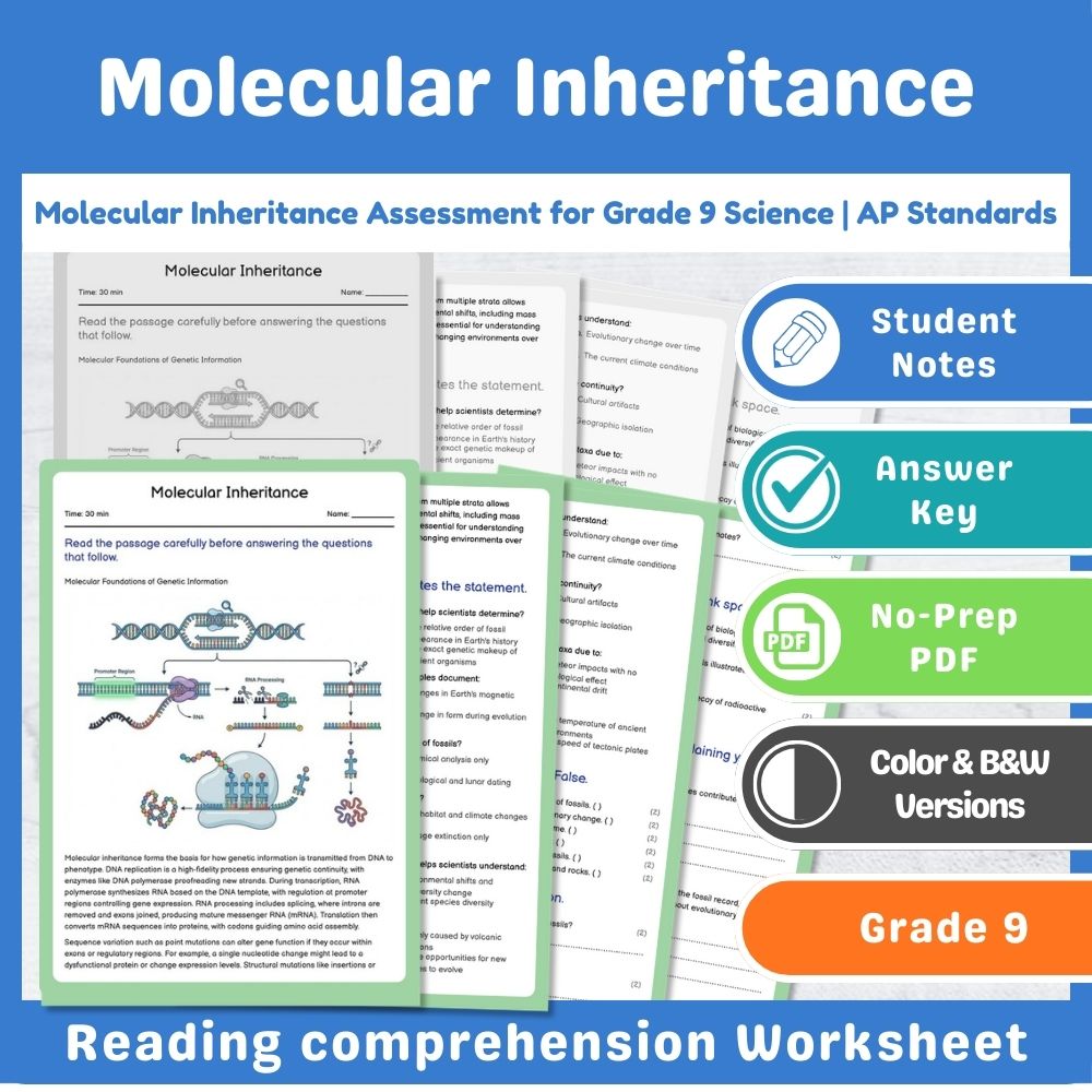 Grade 9 Science assessment worksheet — Molecular Inheritance Assessment for Grade 9 Science | AP Standards — page 1