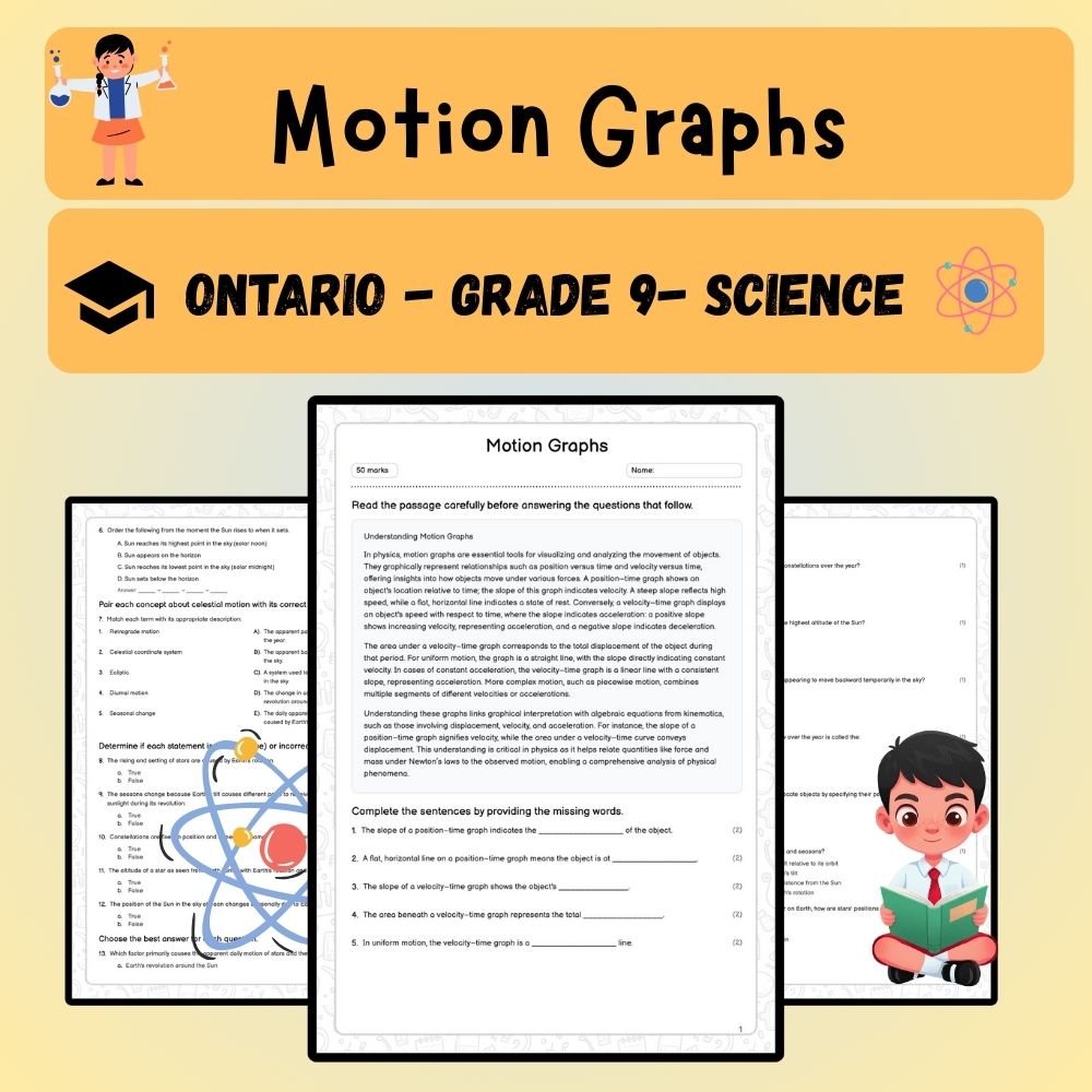 Grade 9 Science worksheet worksheet — Grade 9 Science | Motion Graphs Worksheet (Answer Key) – Ontario Standards — page 1