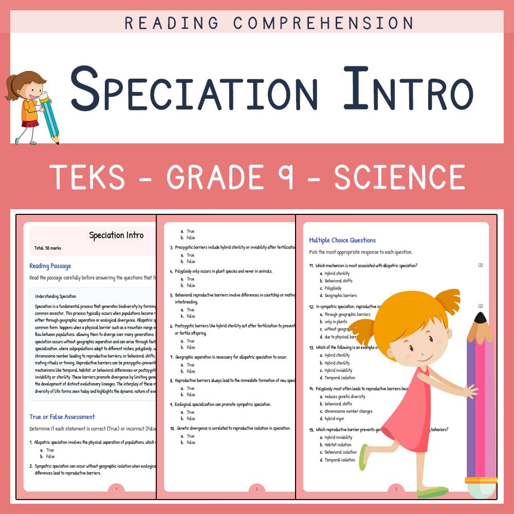 Grade 9 Science worksheet elena worksheet — Grade 9 Science | Speciation Intro Worksheet | TEKS Aligned — page 1