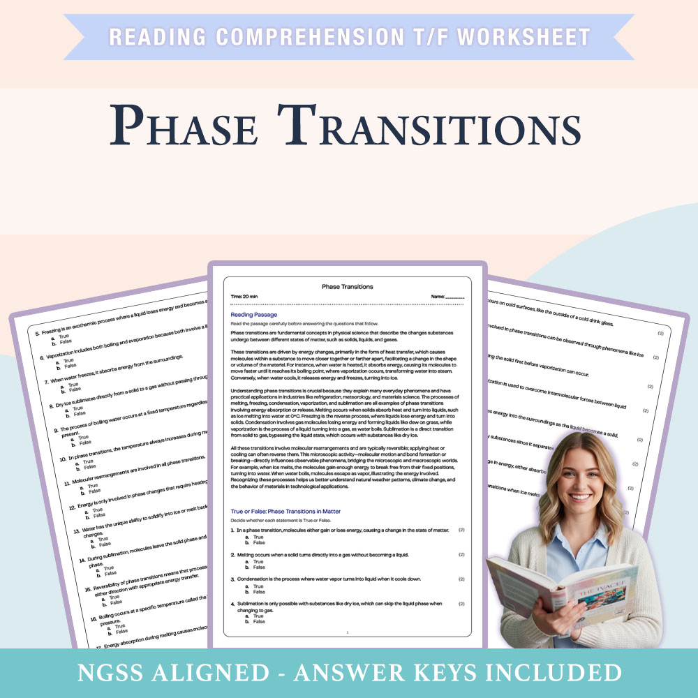 Science reading comprehensions true or false worksheet worksheet — 6th Grade Science | Phase Transitions True or False Wor…