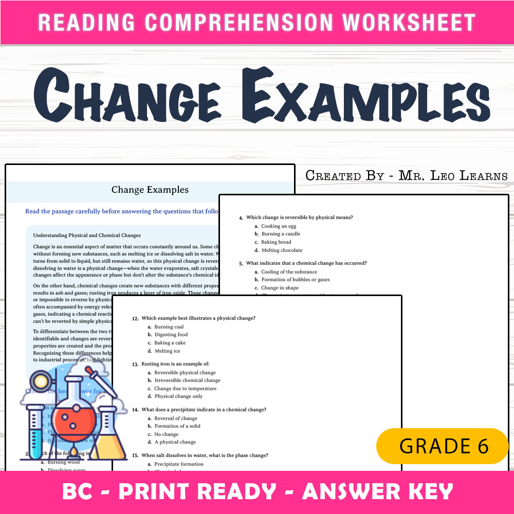 Grade 6 Science worksheet mcq paper worksheet — Grade 6 Science — Change Examples Worksheet MCQ Paper — page 1
