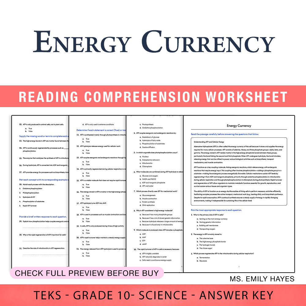 Grade 10 Science worksheet worksheet — Grade 10 Science | Energy Currency Worksheet (PDF+ Answer Key) — page 1