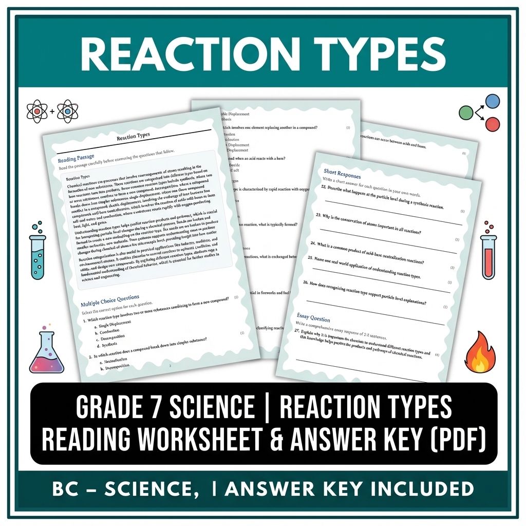Grade 7 Science | Reaction Types Reading Worksheet & Answer Key (PDF)