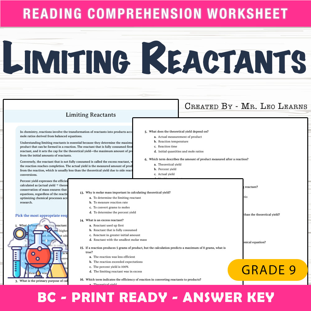Grade 9 Science worksheet mcq paper worksheet — Grade 9 Science — Worksheet MCQ Paper for Mastering Limiting Reactants — p…