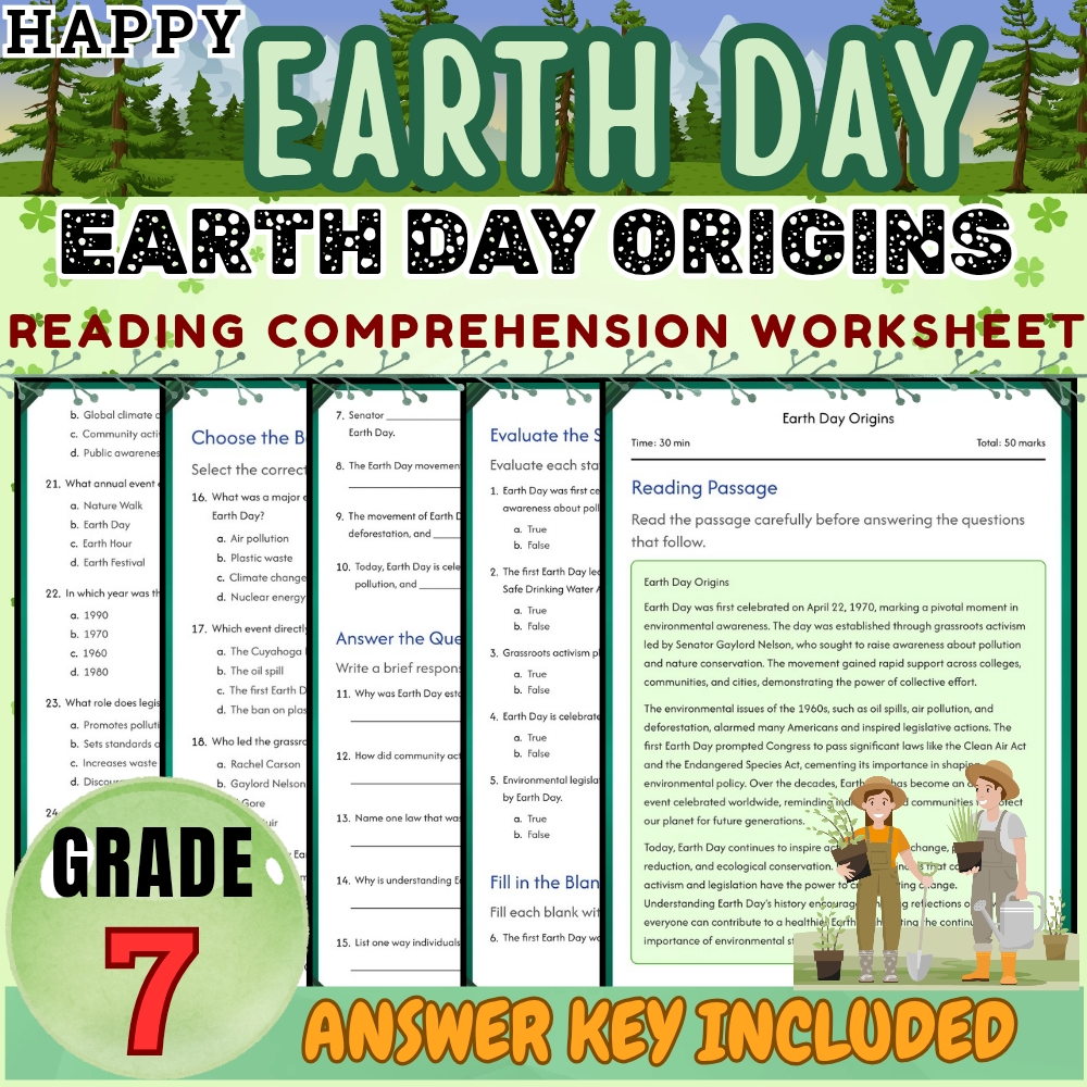 Grade 7 Seasonal Bundle|Earth Day & Sustainability Worksheets (PDF + Answer Key) — included worksheet 2
