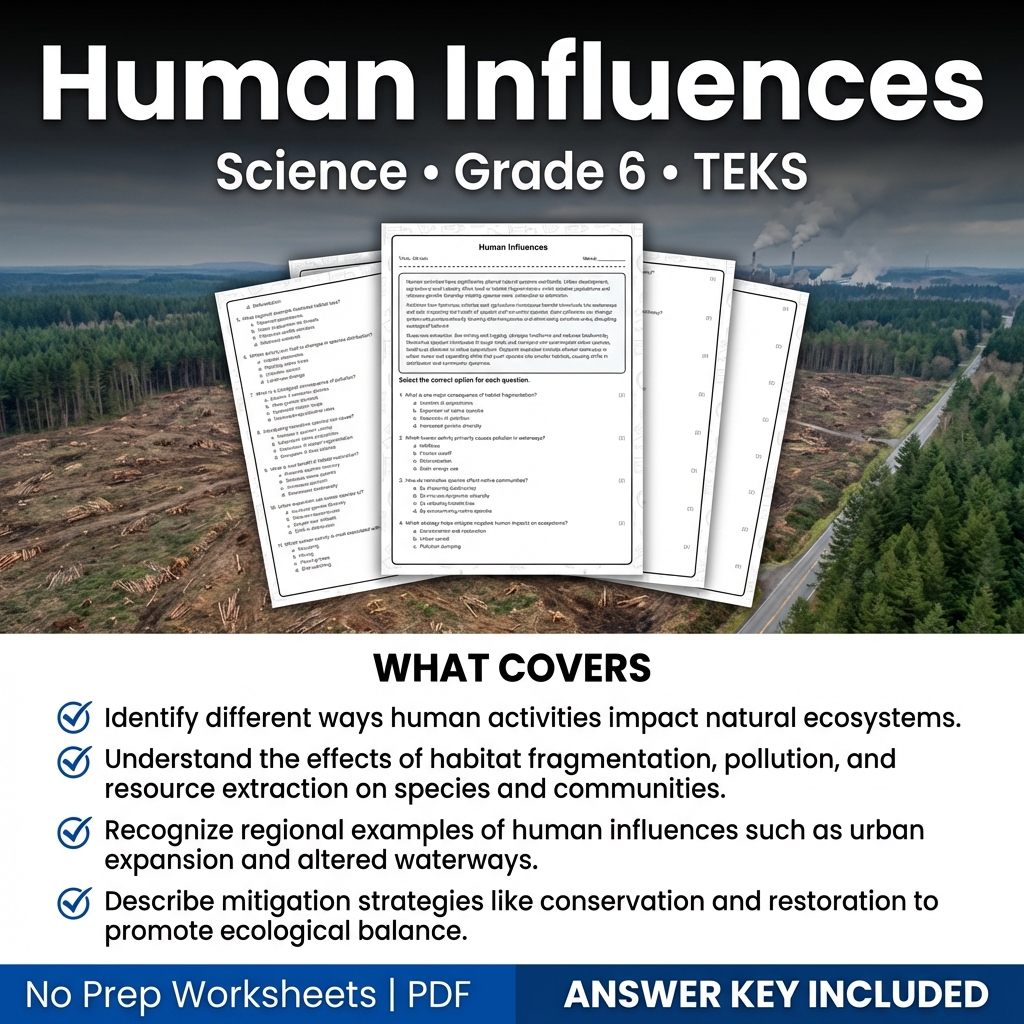 Human Influences Science Worksheet for Grade 6 | TEKS-aligned Practice