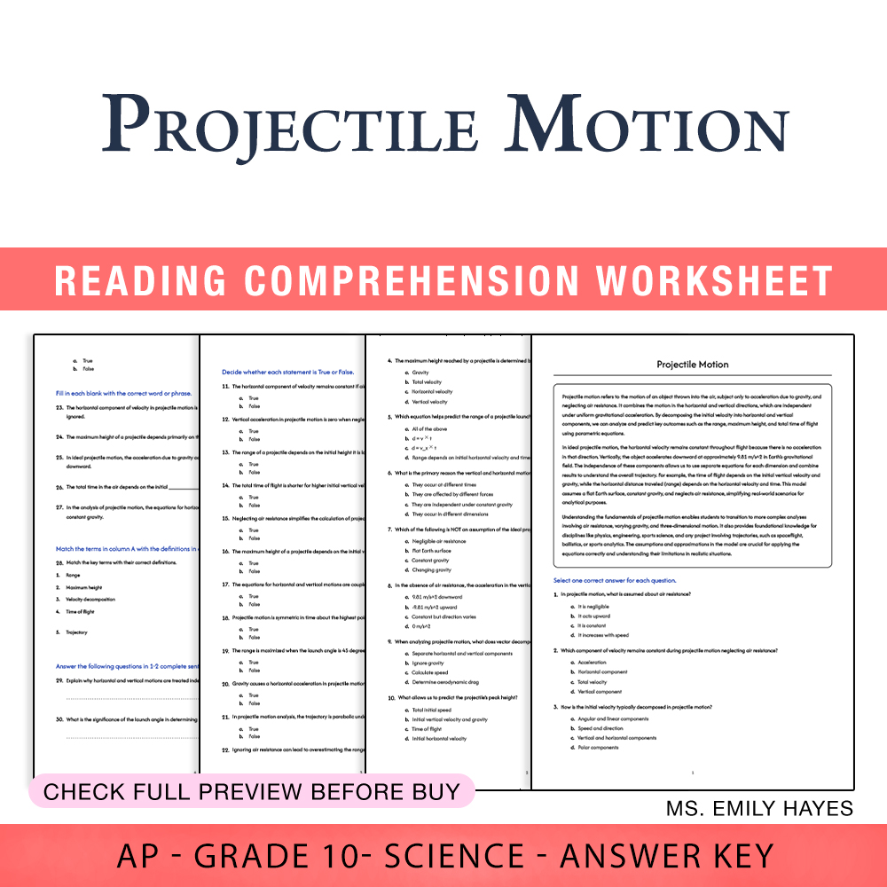 Grade 10 Science worksheet worksheet — 10th Grade Science | Projectile Motion Worksheet (PDF+ Answer Key) — page 1