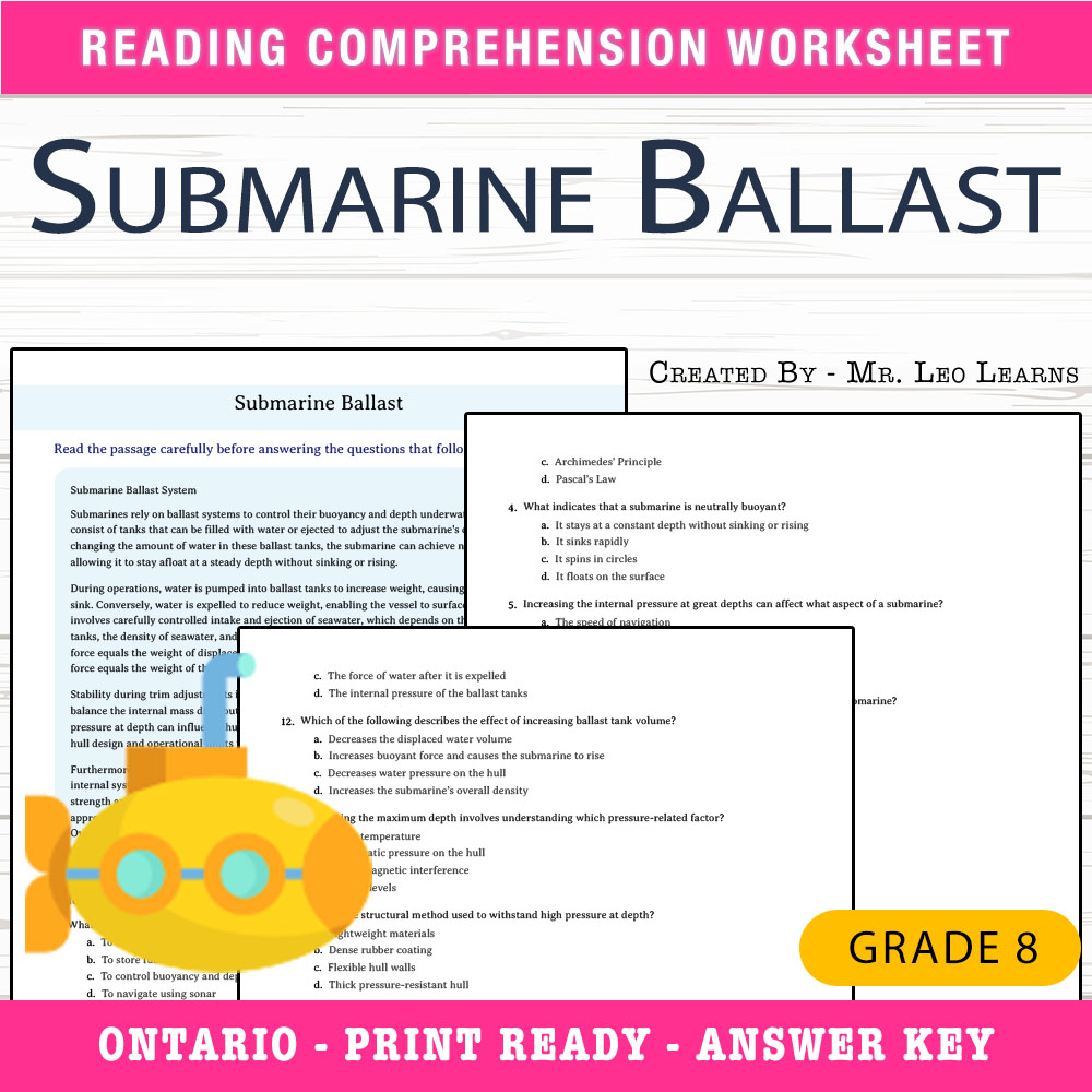 Grade 8 Science worksheet worksheet — Grade 8 Science — Submarine Ballast Worksheet for Understanding Buoyancy — page 1