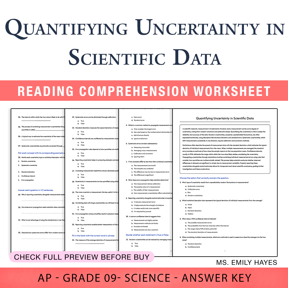 Grade 9 Science worksheet worksheet — 9th Grade Science | Quantifying Uncertainty in Scientific Data (PDF+ Answer Key) — p…