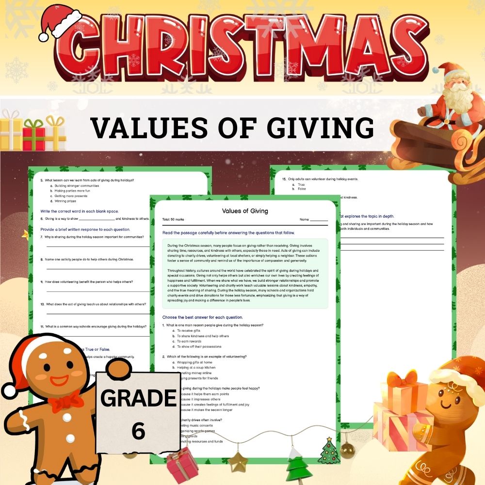 Grade 6 Seasonal Values of Giving Worksheet – Holiday Standards