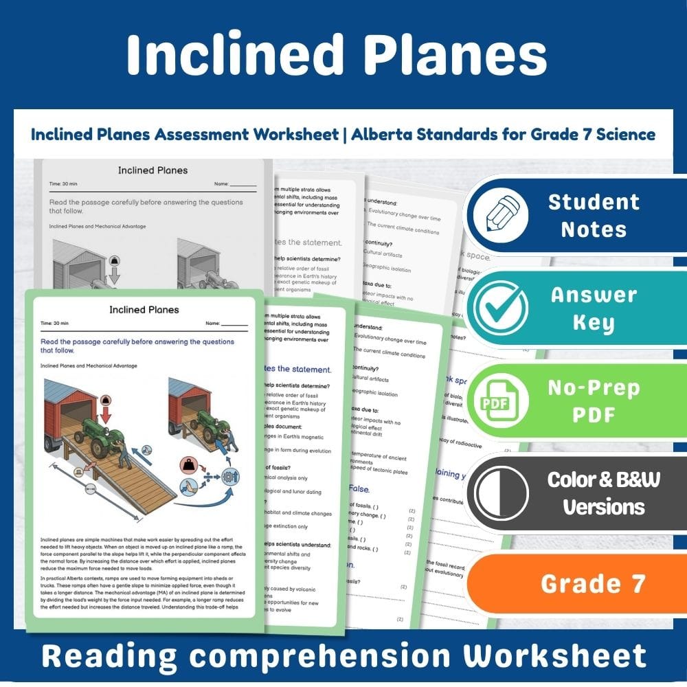 Grade 7 Science assessment worksheet — Inclined Planes Assessment Worksheet | Alberta Standards for Grade 7 Science — page 1