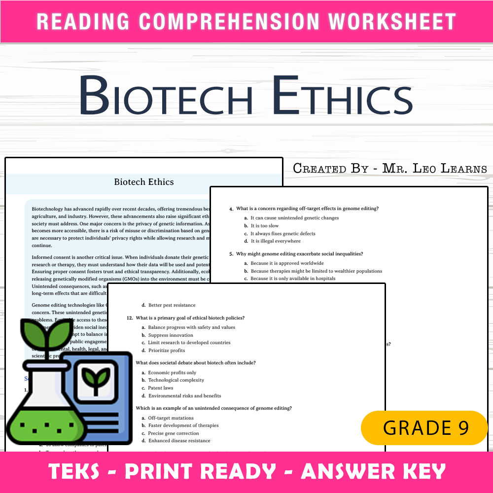 Grade 9 Science worksheet worksheet — Grade 9 Science — Biotech Ethics Worksheet for Mastery — page 1