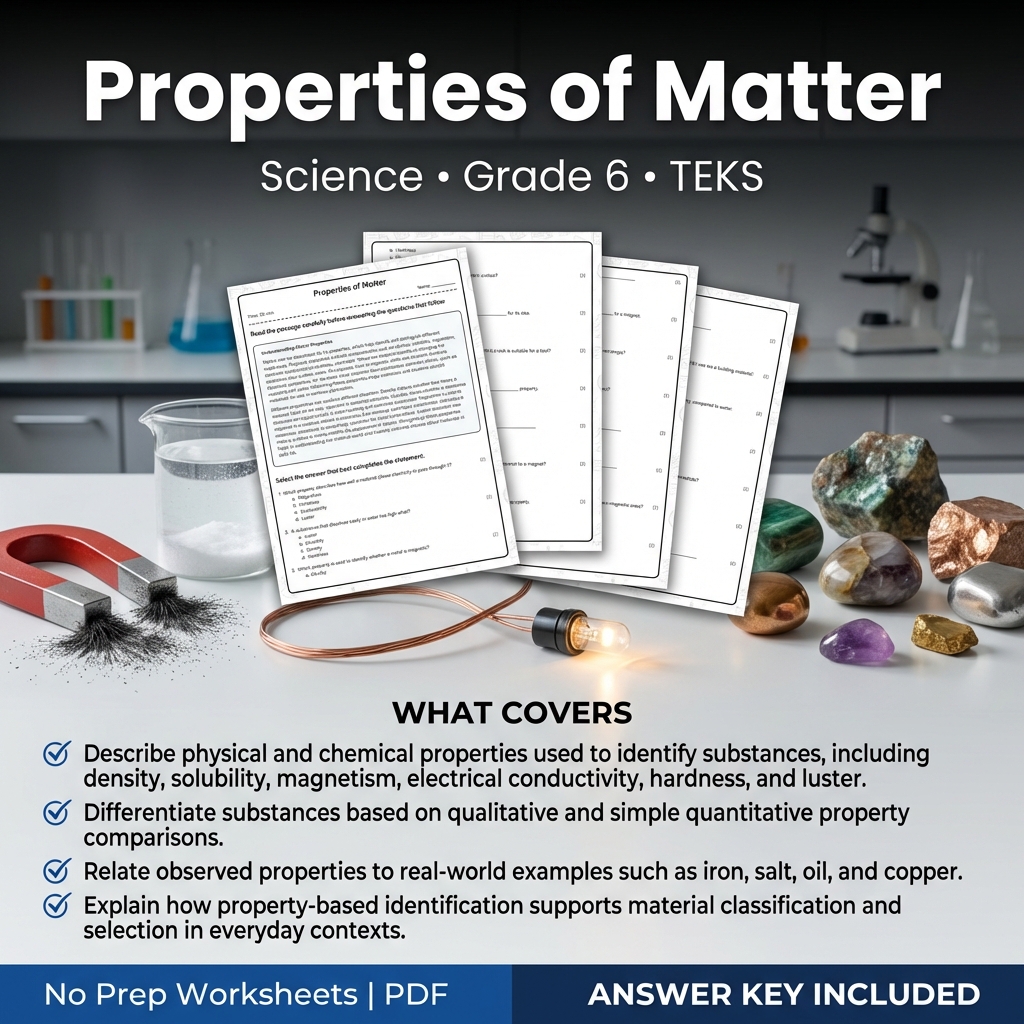 Grade 6 Science Worksheet on Properties of Matter | TEKS Practice