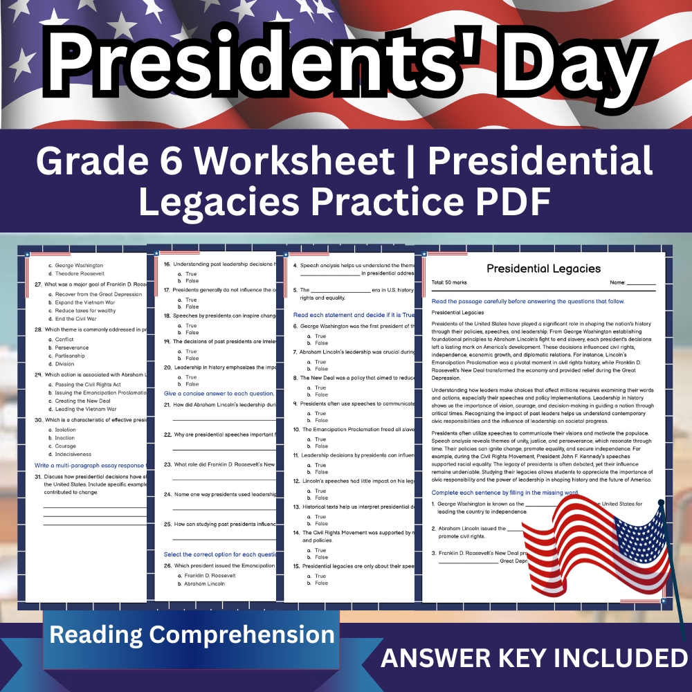 Grade 6 Seasonal Worksheet | Presidential Legacies Assessment & Student Practice (PDF)