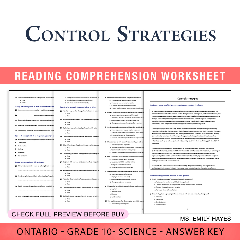 Grade 10 Science worksheet worksheet — Grade 10 Science | Control Strategies Worksheet (PDF + Answer Key) — page 1