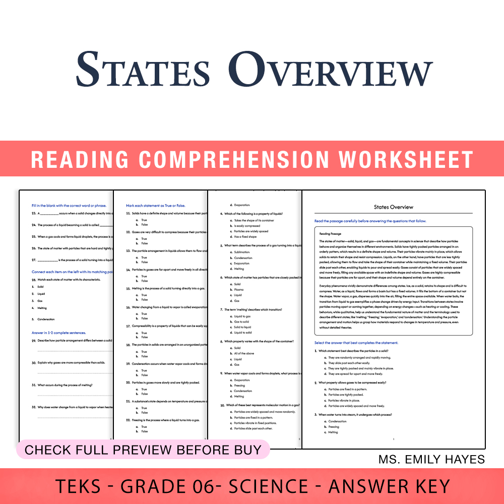 Grade 6 Science worksheet worksheet — 6th Grade Science | States of Matter Worksheet (PDF+ Answer Key) — page 1