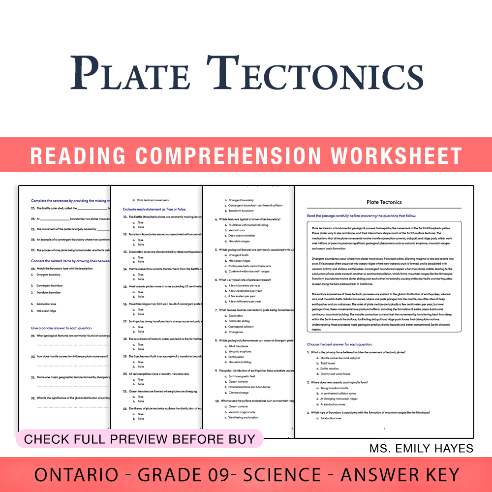Grade 9 Science worksheet worksheet — 9th Grade Science | Plate Tectonics Worksheet (PDF + Answer Key) — page 1