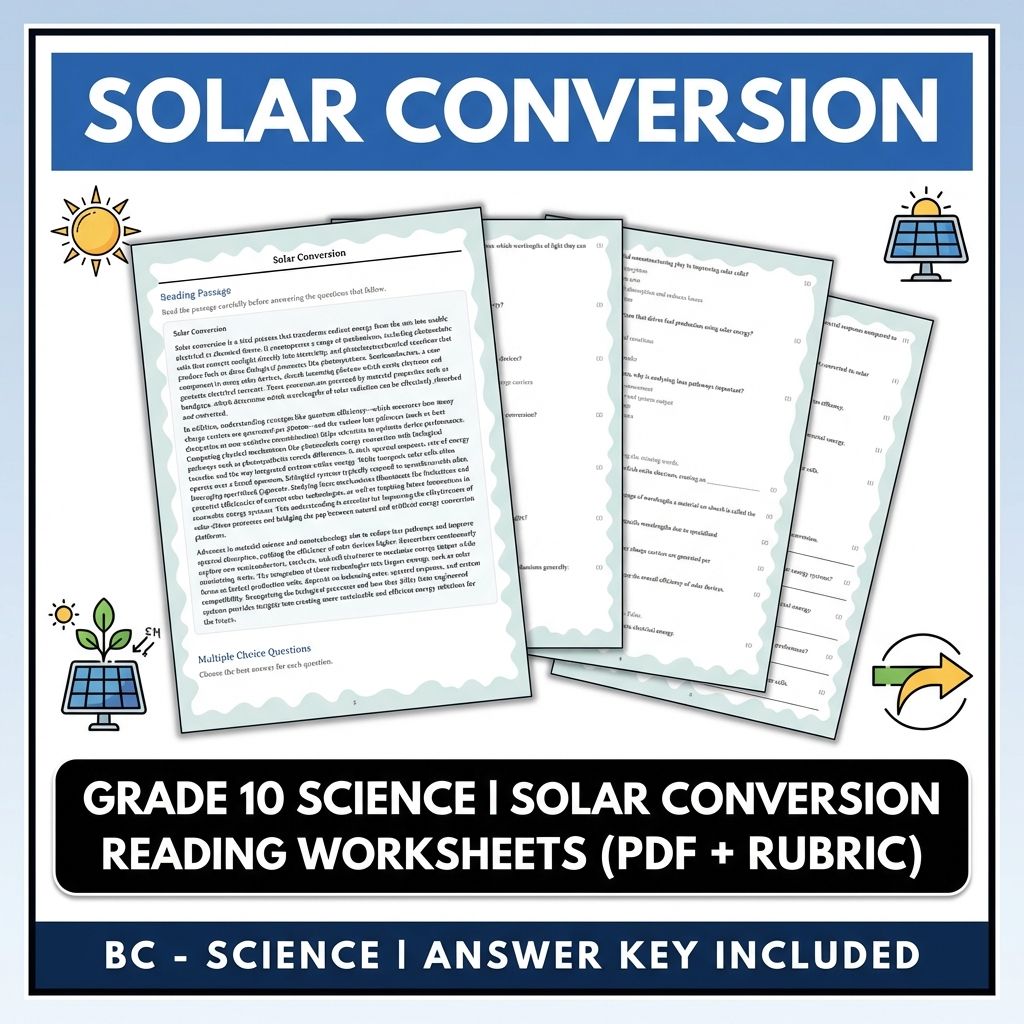 Grade 10 Science reading worksheets — Grade 10 Science | Solar Conversion Reading Worksheets (PDF + Rubric)