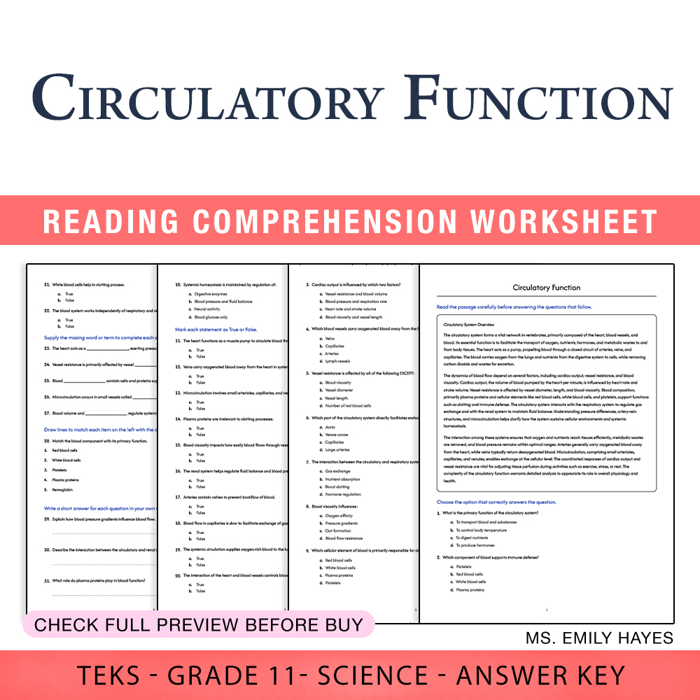 Grade 11 Science worksheet worksheet — 11th Grade Science | Circulatory Function Worksheet (PDF+ Answer Key) — page 1