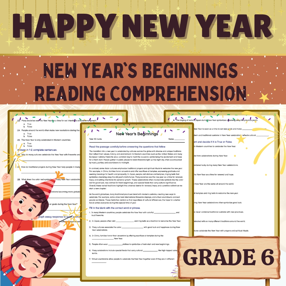 Grade 6 Seasonal Worksheets | New Year's Beginnings & Holiday Traditions 