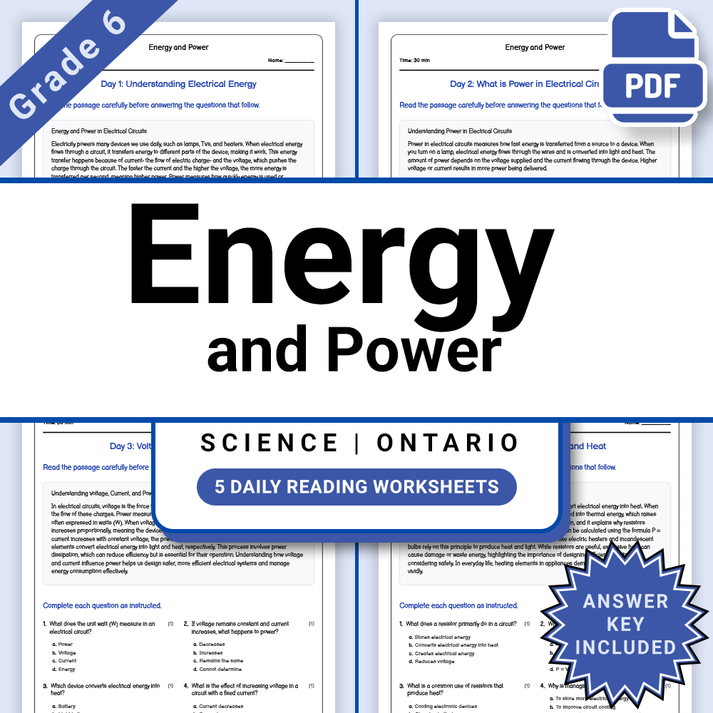Grade 6 Science Lesson Group – Circuits and Energy Ontario Framework — included worksheet 11