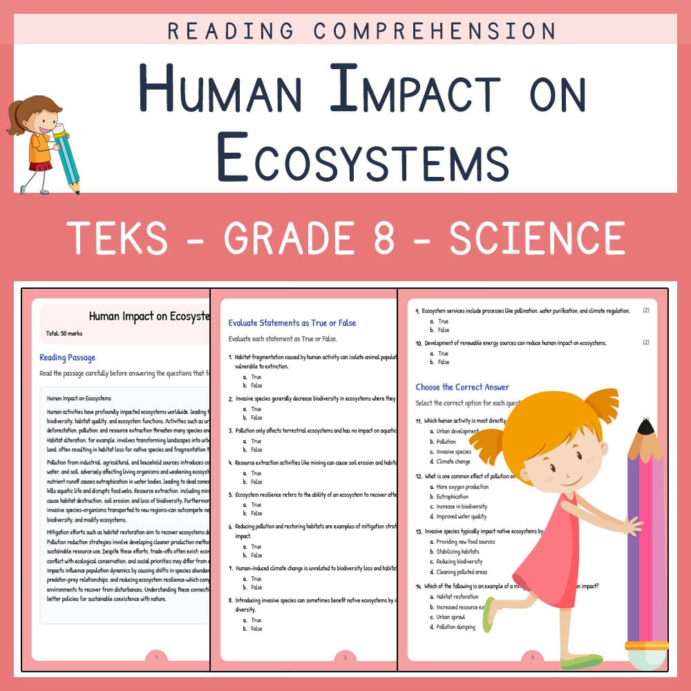 Grade 8 Science worksheet elena worksheet — Grade 8 Science | Human Impact on Ecosystems Worksheet | TEKS Aligned — page 1