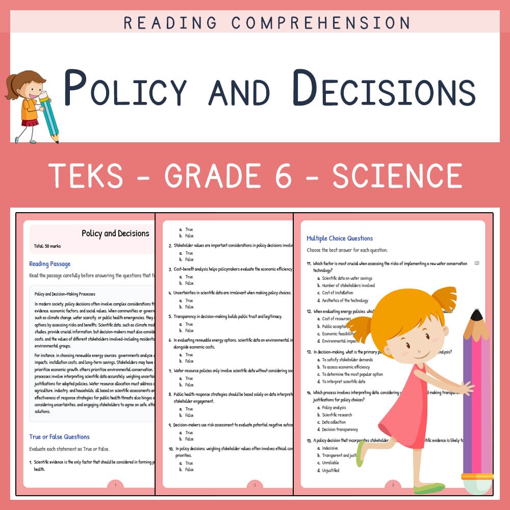 Grade 6 Science worksheet elena worksheet — Grade 6 Science | Policy and Decisions Worksheet | TEKS Alligned — page 1